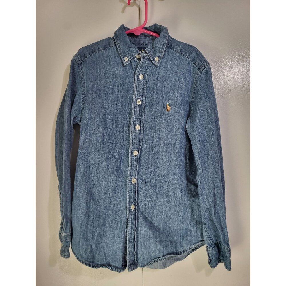 POLO RALPH LAUREN Boy's S (8) Blue Chambray Button Down Shirt Flesh Pony Preppy